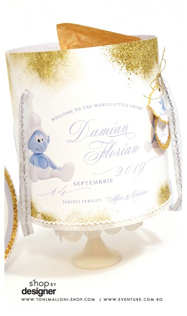 Trusou de botez brodat pentru baieti cu strumf in bleu si gold, Bebe Smurf 6